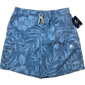 Caribbean Joe Men’s Swim Trunks Blue Hawaiian Floral Print NWT Size Medium